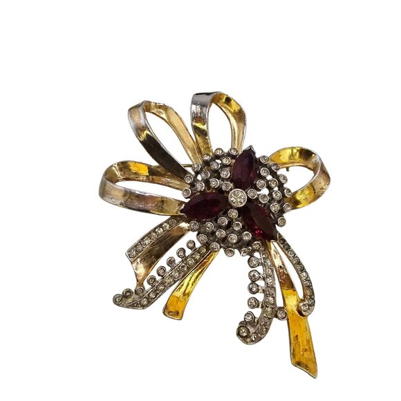 Antique 40s Gold Plated Cast Rhinestone Bow Brooch (A8900) - Picture 3 of 7